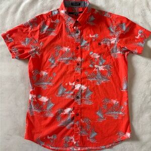 Men’s Carbon Red Orange Hawaiian Shirt Palm Tree Island Print Button Up